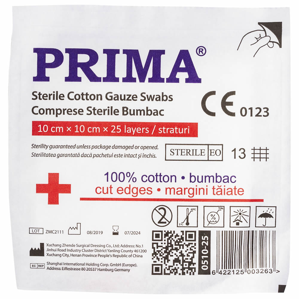 Comprese sterile din tifon PRIMA, 10x10cm - 25 bucati