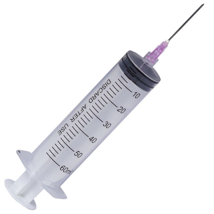 Seringi 60ml cu ac roz 18G, 1 1/2 inch (1.2x38mm) Luer Lock din 3 parti, sterile - 25 bucati