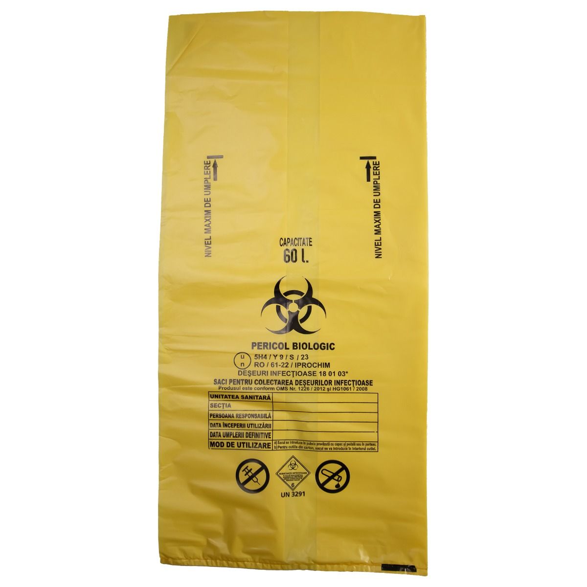 Saci galbeni pericol biologic 60L (520x700x0.05 mm) BIOHAZARD ADR, 50 microni, 50 bucati - saci deseuri medicale certificati