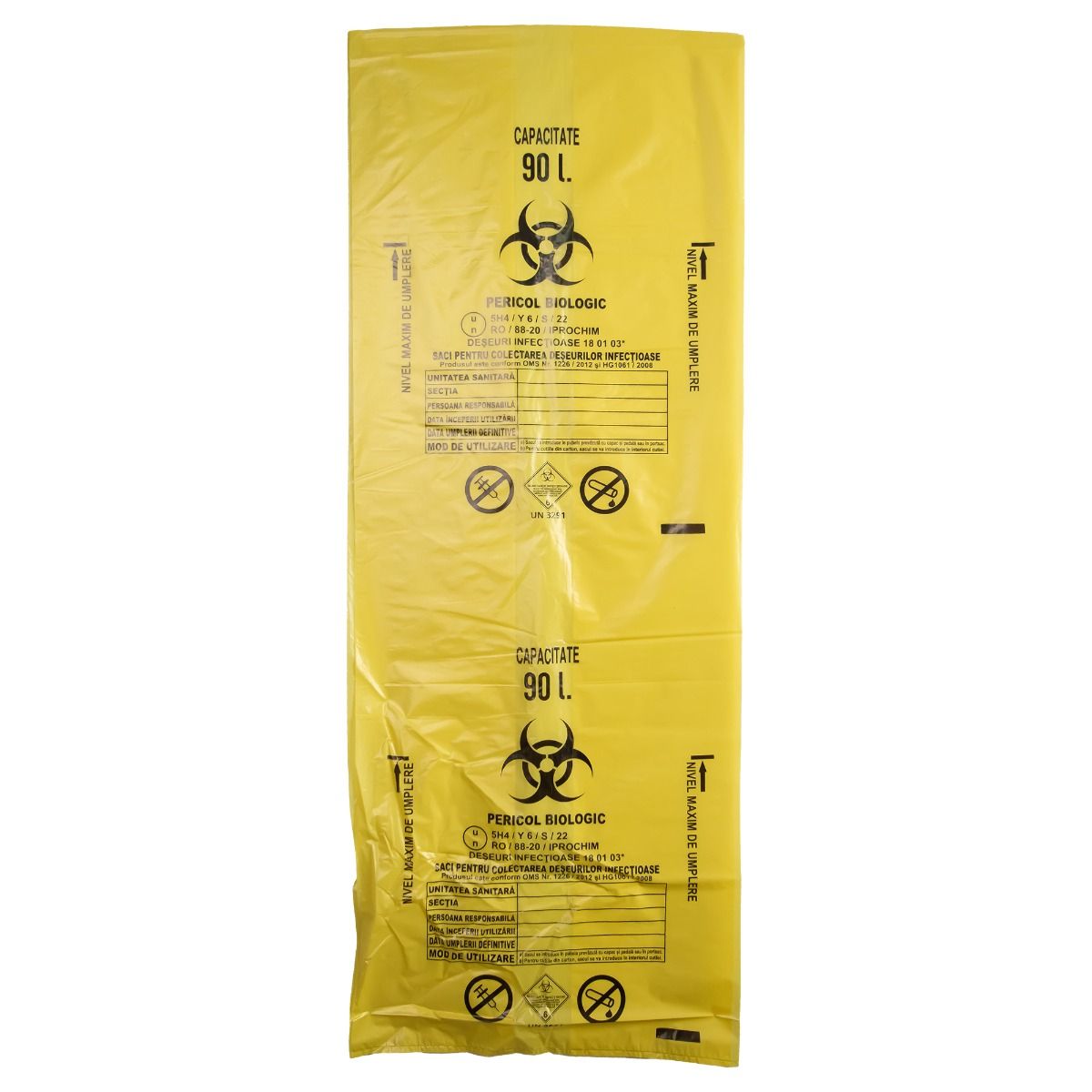 Saci galbeni pericol biologic 90L BIOHAZARD ADR, 50 microni, 50 bucati - saci deseuri medicale certificati