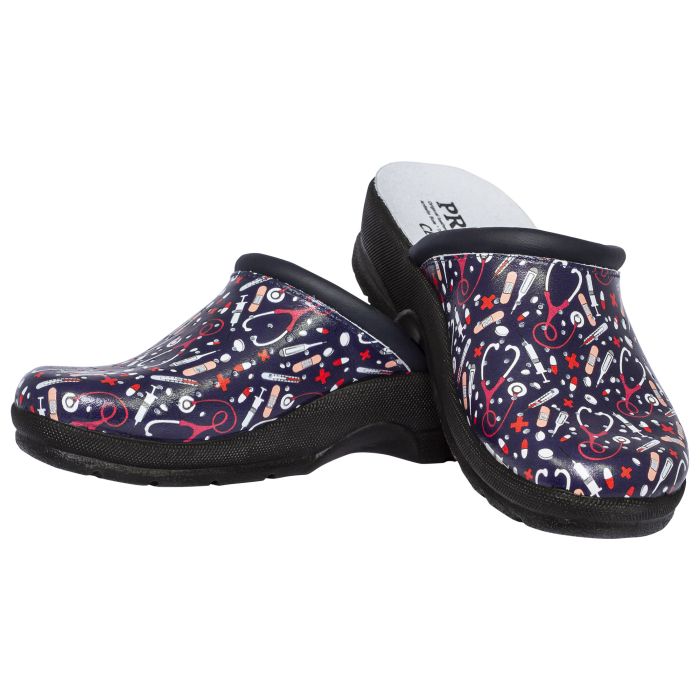 Saboti medicali din piele naturala, PRIMA, design medical albastru cu stetoscop si seringi