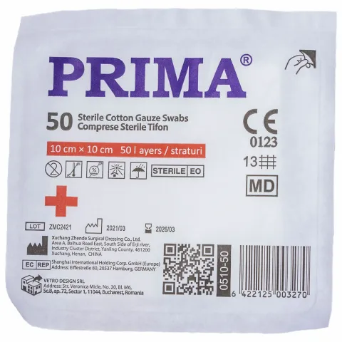 Comprese sterile din tifon, PRIMA, 10x10cm, 50 bucati