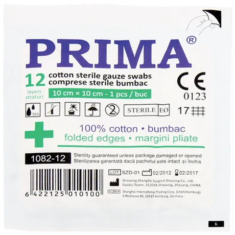 Comprese sterile din tifon, PRIMA, 10x10cm, 12 straturi/plic