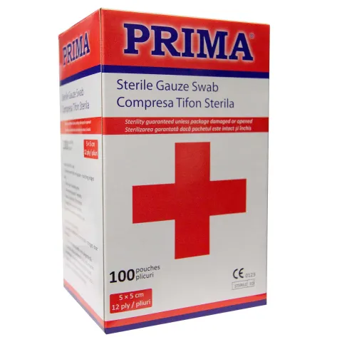 Comprese sterile din tifon PRIMA, 5x5cm, 12 straturi, 100 bucati