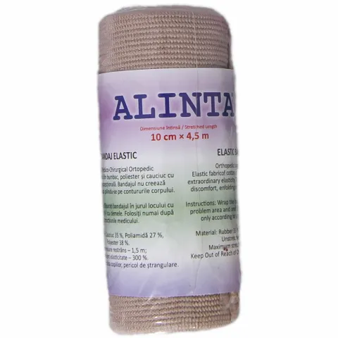 Bandaj Elastic Natur ALINTA 10cmx4.5m - Compresie usoara, cu cleme metalice
