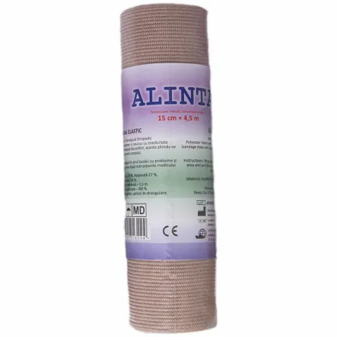 Bandaj Elastic Natur ALINTA 15cmx4.5m - Compresie usoara, cu cleme metalice