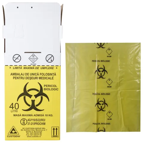 Cutie deseuri medicale 40L cu sac galben Biohazard, carton 3 straturi, pentru colectarea si incinerarea deseurilor infectioase