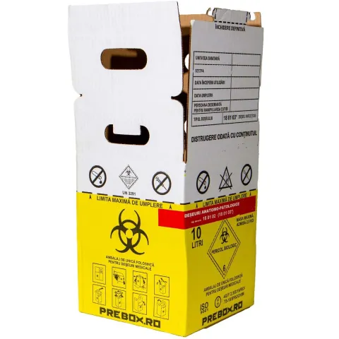 Cutie deseuri medicale 10L cu sac galben Biohazard si banda rosie, carton 3 straturi, ADR, pentru colectare deseuri anatomo-patologice