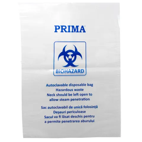Saci transparenti autoclavabili 100L din polietilena, cu semn BIOHAZARD, 75x90cm, rezistenti la 134°C - saci deseuri medicale si pericol biologic, set 10 buc