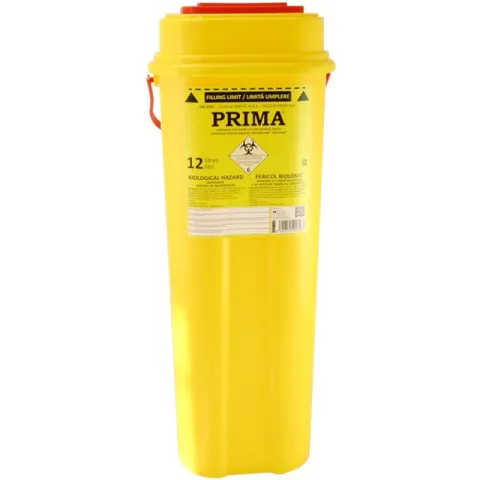 Recipient plastic pentru deseuri intepatoare, 12 litri, PRIMA, galben, unica folosinta, certificat ADR