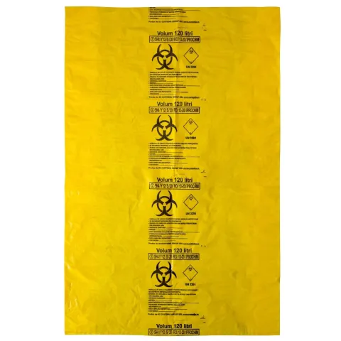 Saci galbeni pericol biologic 120L BIOHAZARD ADR, 50 microni, 50 bucati - saci deseuri medicale certificati