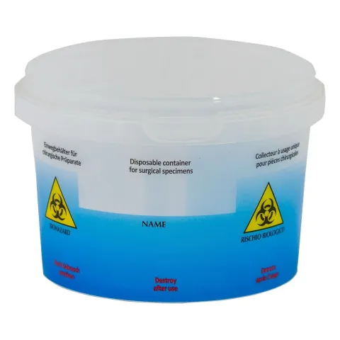 Recipient plastic 500 ml pentru probe anatomie patologica din polipropilena, biologic periculos, alb/albastru