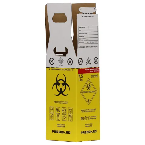 Cutie deseuri medicale 7.5L cu sac galben Biohazard, carton 3 straturi, ADR, pentru colectare deseuri anatomo-patologice